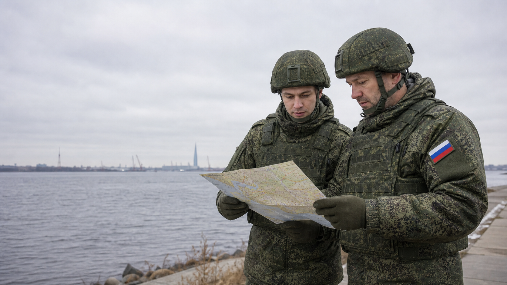Двое военнослужащих изучают карту на фоне Санкт-Петербурга